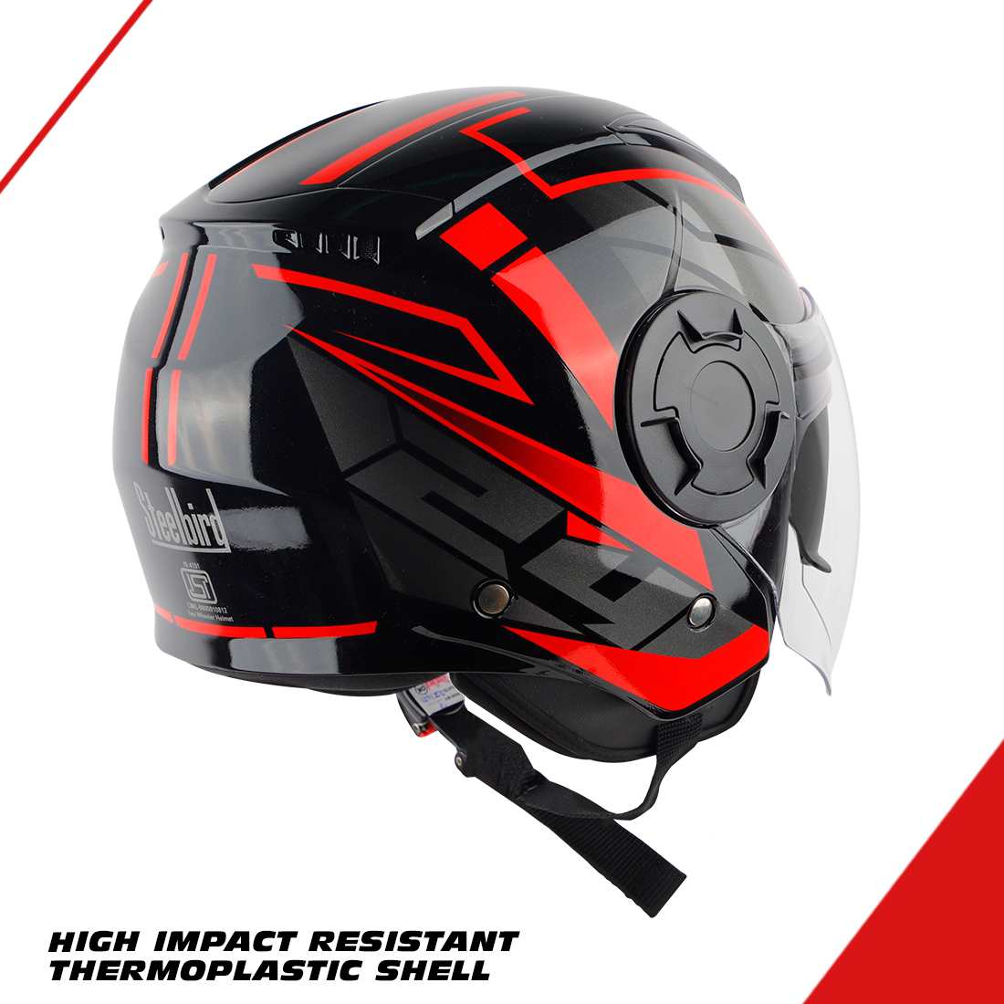 Steelbird SBH-31 Baron 24 ISI Certified Open Face Helmet For Men And Women With Inner Sun Shield(Dual Visor Mechanism) (Glossy Black Red)